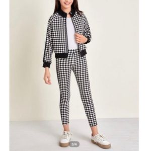 Girls Zip Up Striped Sideseam Houndstooth Jacket & Leggings Set